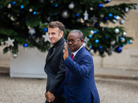 French President Emmanuel Macron welcomes Umaro Sissoco Embalo, the President of Guinea-Bissau, at the Elysee Palace in Paris, France, on Se...