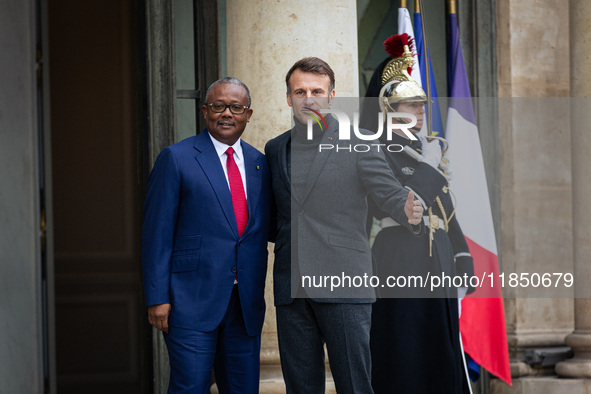 French President Emmanuel Macron welcomes Umaro Sissoco Embalo, the President of Guinea-Bissau, at the Elysee Palace in Paris, France, on Se...