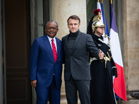 French President Emmanuel Macron welcomes Umaro Sissoco Embalo, the President of Guinea-Bissau, at the Elysee Palace in Paris, France, on Se...