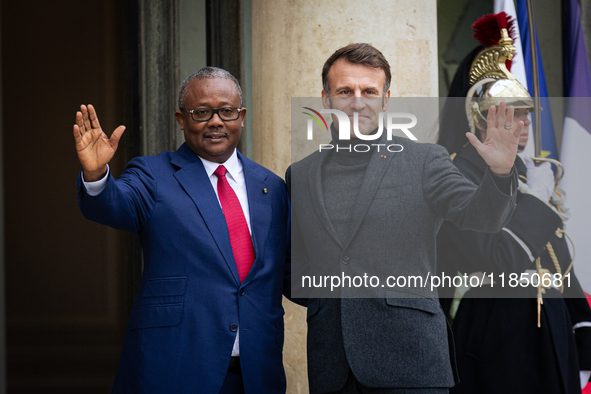 French President Emmanuel Macron welcomes Umaro Sissoco Embalo, the President of Guinea-Bissau, at the Elysee Palace in Paris, France, on Se...