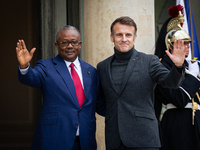 French President Emmanuel Macron welcomes Umaro Sissoco Embalo, the President of Guinea-Bissau, at the Elysee Palace in Paris, France, on Se...