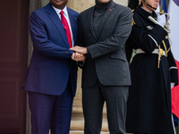 French President Emmanuel Macron welcomes Umaro Sissoco Embalo, the President of Guinea-Bissau, at the Elysee Palace in Paris, France, on Se...