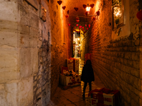 A street in the historic center of Ruvo di Puglia, Italy, on December 8, 2024, displays Christmas decorations. The courses and streets of Ru...