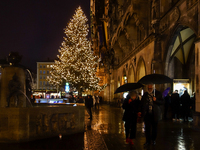 The Christmas Market at Marienplatz in front of Munich's Town Hall in Munich, Bavaria, Germany, on December 8, 2024, shines in the festive s...