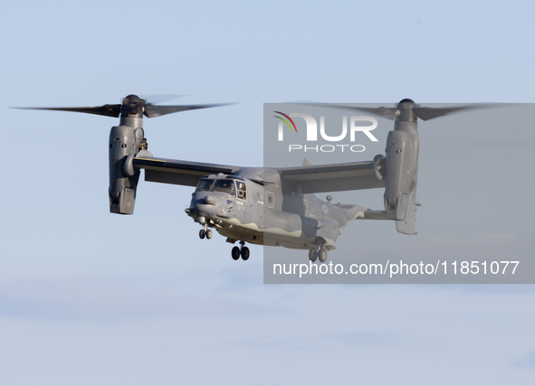 A V22 Osprey aircraft is seen landing in Oshkosh, Wisconsin, during the EAA AirVenture Oshkosh 2022 event on July 24, 2022.  