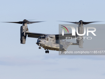 A V22 Osprey aircraft is seen landing in Oshkosh, Wisconsin, during the EAA AirVenture Oshkosh 2022 event on July 24, 2022.  (