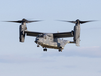 A V22 Osprey aircraft is seen landing in Oshkosh, Wisconsin, during the EAA AirVenture Oshkosh 2022 event on July 24, 2022.  (