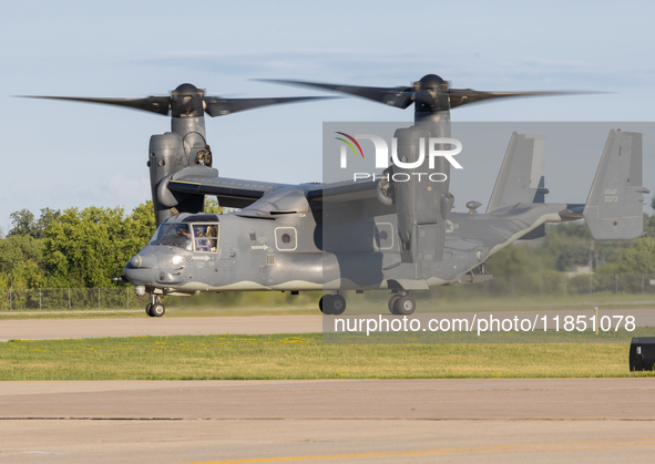 A V22 Osprey aircraft is seen landing in Oshkosh, Wisconsin, during the EAA AirVenture Oshkosh 2022 event on July 24, 2022.  