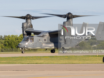 A V22 Osprey aircraft is seen landing in Oshkosh, Wisconsin, during the EAA AirVenture Oshkosh 2022 event on July 24, 2022.  (