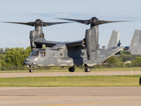 A V22 Osprey aircraft is seen landing in Oshkosh, Wisconsin, during the EAA AirVenture Oshkosh 2022 event on July 24, 2022.  (