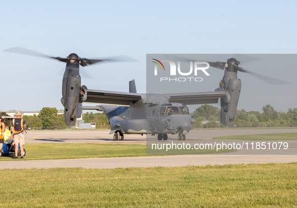 A V22 Osprey aircraft is seen landing in Oshkosh, Wisconsin, during the EAA AirVenture Oshkosh 2022 event on July 24, 2022.  