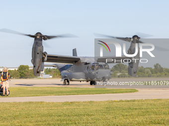 A V22 Osprey aircraft is seen landing in Oshkosh, Wisconsin, during the EAA AirVenture Oshkosh 2022 event on July 24, 2022.  (