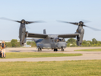 A V22 Osprey aircraft is seen landing in Oshkosh, Wisconsin, during the EAA AirVenture Oshkosh 2022 event on July 24, 2022.  (