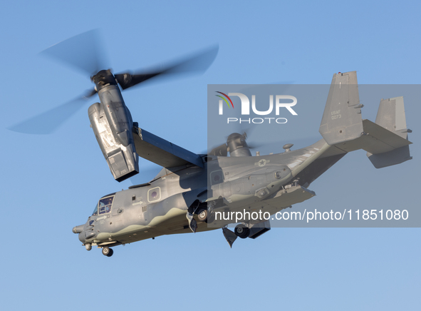 A V22 Osprey aircraft is seen landing in Oshkosh, Wisconsin, during the EAA AirVenture Oshkosh 2022 event on July 24, 2022.  