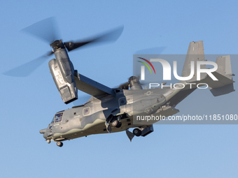 A V22 Osprey aircraft is seen landing in Oshkosh, Wisconsin, during the EAA AirVenture Oshkosh 2022 event on July 24, 2022.  (