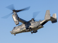 A V22 Osprey aircraft is seen landing in Oshkosh, Wisconsin, during the EAA AirVenture Oshkosh 2022 event on July 24, 2022.  (