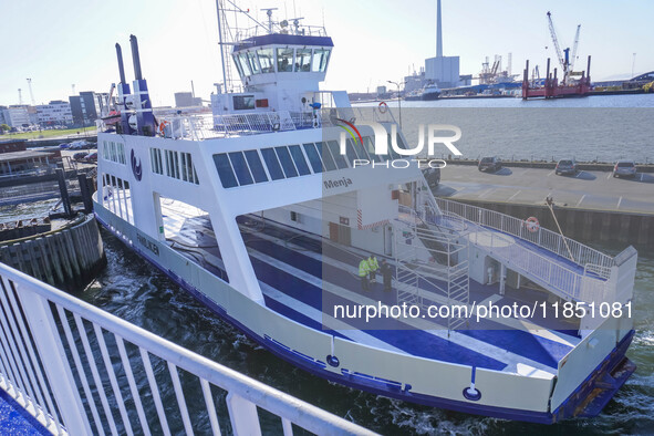 The all-electric ferry that runs between Island and Esbjerg, belonging to the Fanolinjen, is seen in Nordby, Fano Island, Denmark, on April...