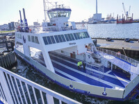 The all-electric ferry that runs between Island and Esbjerg, belonging to the Fanolinjen, is seen in Nordby, Fano Island, Denmark, on April...