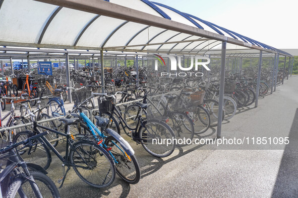 Hundreds of bikes are seen in the bike parking area in Nordby, Fano Island, Denmark, on April 29, 2024. 