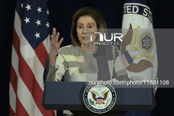 US Former Speaker Nancy Pelosi delivers remarks about integrity, transparency, and accountability as foreign policy priorities and core nati...