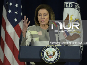 US Former Speaker Nancy Pelosi delivers remarks about integrity, transparency, and accountability as foreign policy priorities and core nati...