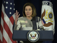 US Former Speaker Nancy Pelosi delivers remarks about integrity, transparency, and accountability as foreign policy priorities and core nati...