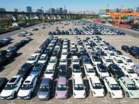 An aerial view shows various types of cars waiting to be loaded at a railway freight yard in Hangzhou, China, on December 9, 2024. (