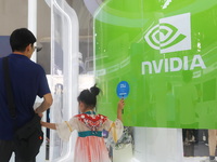 Visitors visit the NVIDIA booth at the INCLUSION Conference on the Bund in Shanghai, China, on September 7, 2024. (