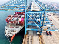 Cargo ships load and unload foreign trade containers at a fully automated terminal in Qingdao Port in Qingdao, China, on December 10, 2024....