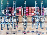 Cargo ships load and unload foreign trade containers at a fully automated terminal in Qingdao Port in Qingdao, China, on December 10, 2024....