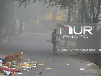 A rag picker searches for plastic bottles and other recyclable items in Siliguri, India, on December 10, 2024. (