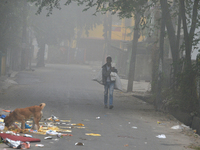 A rag picker searches for plastic bottles and other recyclable items in Siliguri, India, on December 10, 2024. (