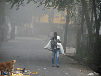 A rag picker searches for plastic bottles and other recyclable items in Siliguri, India, on December 10, 2024. (