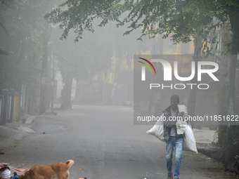 A rag picker searches for plastic bottles and other recyclable items in Siliguri, India, on December 10, 2024. (