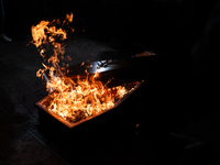 This photograph shows an image of Georgian billionaire Bidzina Ivanishvili burning inside a coffin after anti-government demonstrators set i...