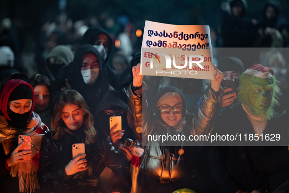 An anti-government demonstrator holds a placard reading ''EU & USA Sanction Georgian dream !!!'' during a protest in front of the parliament...