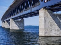 The Oresund Bridge, a double-track railway and dual carriageway bridge-tunnel between Sweden and Denmark by the Baltic Sea, is seen in Malmo...