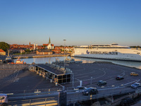 A general view of the ferry terminal in the port with a Bornholmslinjen ferry in the background is seen in Ronne, Bornholm Island, Denmark,...