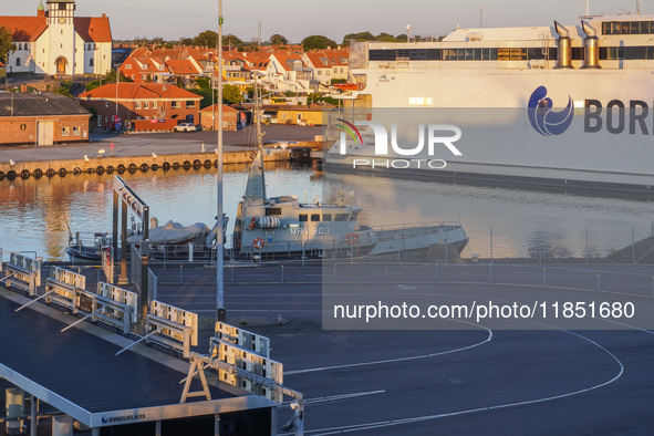 A navy ship is in the port in Ronne, Bornholm Island, Denmark, on August 6, 2024. 