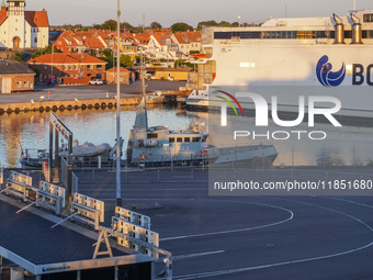 A navy ship is in the port in Ronne, Bornholm Island, Denmark, on August 6, 2024. (