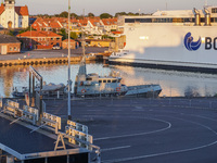 A navy ship is in the port in Ronne, Bornholm Island, Denmark, on August 6, 2024. (