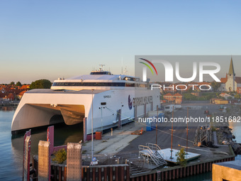 A general view of the ferry terminal in the port with a Bornholmslinjen ferry is seen in Ronne, Bornholm Island, Denmark, on August 6, 2024....