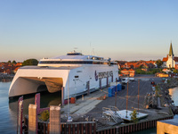 A general view of the ferry terminal in the port with a Bornholmslinjen ferry is seen in Ronne, Bornholm Island, Denmark, on August 6, 2024....