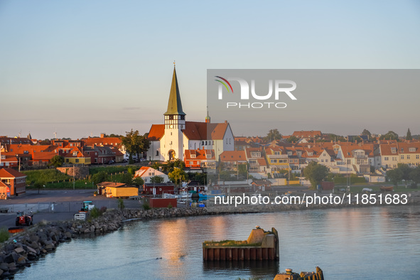 A general view of the city during the summer sunset is seen in Ronne, Bornholm Island, Denmark, on August 6, 2024. 