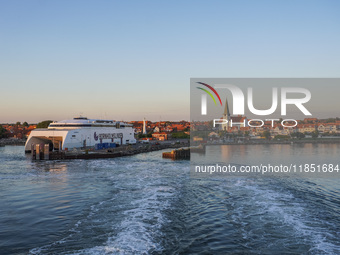 A general view of the ferry terminal in the port with a Bornholmslinjen ferry in the background is seen in Ronne, Bornholm Island, Denmark,...