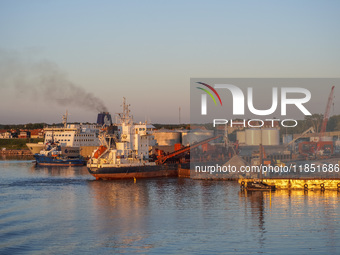 A general view of the port during sunset is seen in Ronne, Bornholm Island, Denmark, on August 6, 2024. (