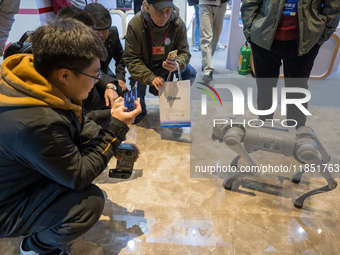 Visitors interact with a robot dog at the 2024 Global Artificial Intelligence Product Application Expo in Suzhou, China, on December 10, 202...