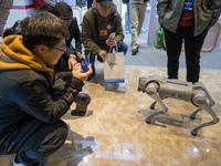 Visitors interact with a robot dog at the 2024 Global Artificial Intelligence Product Application Expo in Suzhou, China, on December 10, 202...