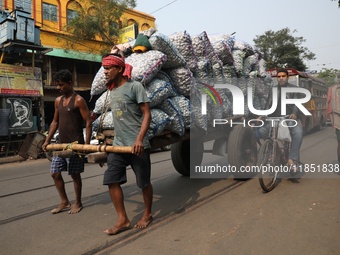 Labourers transport garlic sacks in a handcart at a wholesale market before moving them to a retail market in Kolkata, India, on December 10...