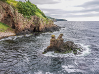 The rocky Baltic Sea coast is seen in Gudhjem, Bornholm Island, Denmark, on August 5, 2024. (